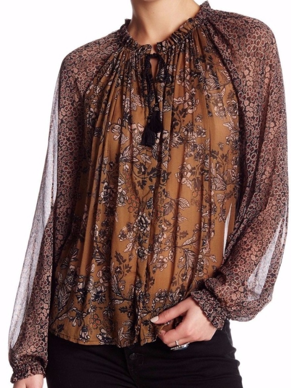 Free People Hendrix Sheer Floral Boho Peasant Top Brown Tassel Size S